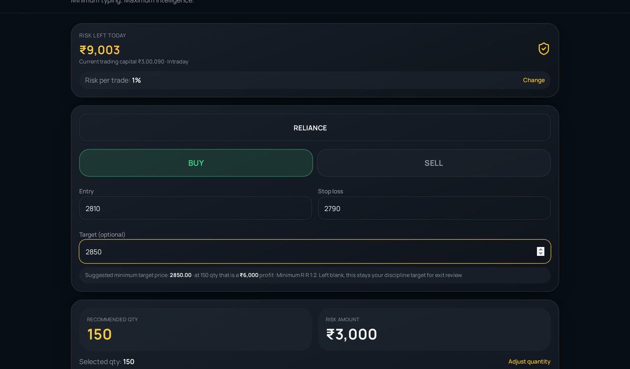 365 RISE Quick Trade screen calculating recommended quantity, risk amount and 1:2 target from entry and stop loss